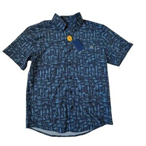 Huk Fishing Men S Short Sleeve Button Down Shirt Blue Bahiki Kona Fish Print NEW